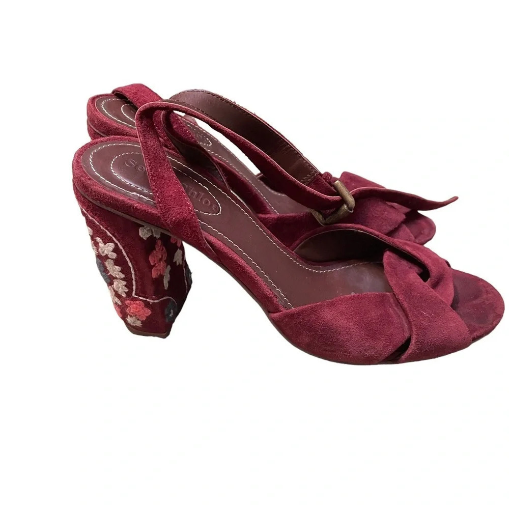 SEE BY CHLOE FLORAL EMBROIDERED BURGUNDY SUEDE SANDALS
